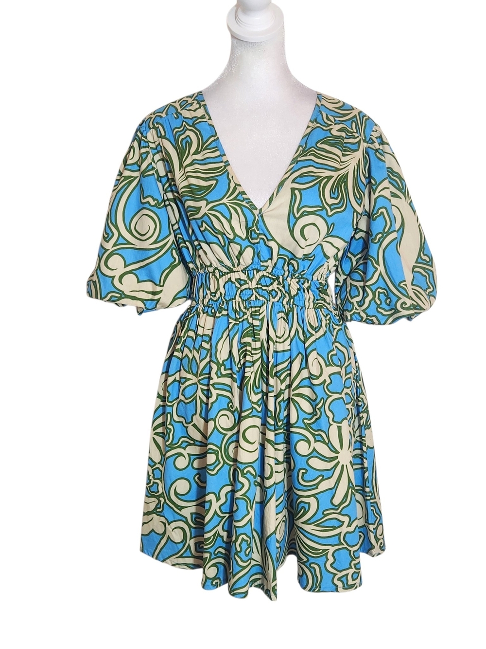 Sincerely Jules Blue and Cream Print Mini Dress Size Small Wedding Guest Dress